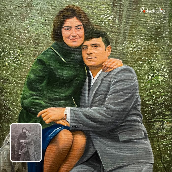Black and white photo restored as a vintage oil painting